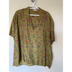 Anne Pinkerton Made in Japan Vintage High Low Olive Tribal Mask Print L